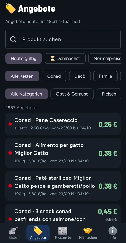 Tab Angebote: Suche, Filter Heute gültig, Demnächst und Normalpreise, Filter nach Kette und Kategorie, 2857 Angebote