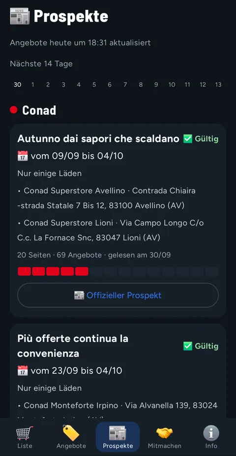 Tab Prospekte: Conad-Prospekt gültig vom 09/09 bis 04/10, nur einige Läden, 20 Seiten und 69 Angebote, Balken der nächsten 14 Tage und Knopf Offizieller Prospekt