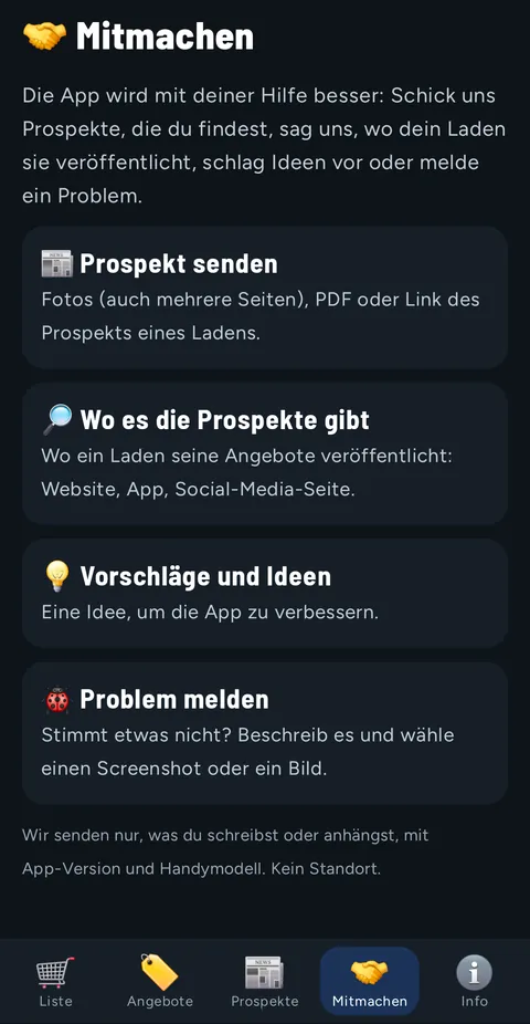 Tab Mitmachen mit vier Punkten: Prospekt senden, Wo es die Prospekte gibt, Vorschläge und Ideen, Problem melden