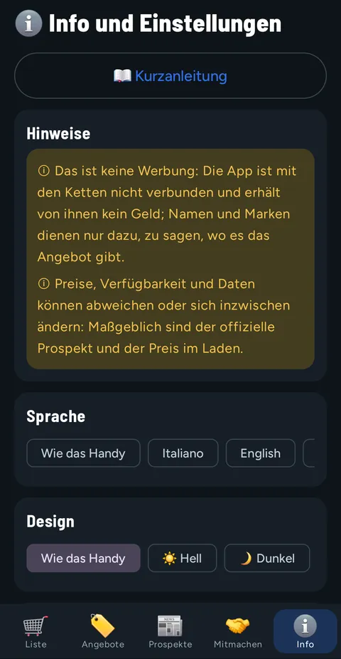 Tab Info und Einstellungen: Knopf Kurzanleitung, die zwei Hinweise, Sprache und Design