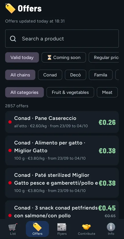 Offers tab: search, Valid today, Coming soon and Regular prices filters, chain and category filters, 2857 offers