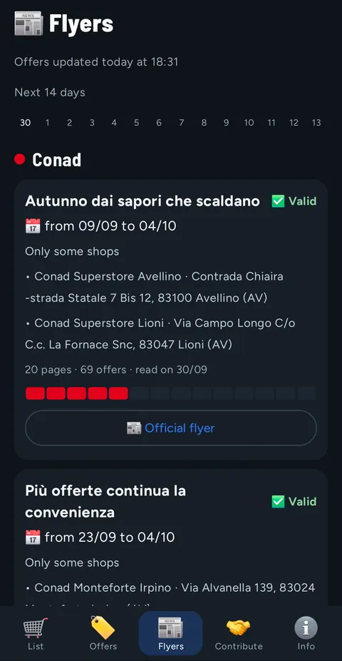 Flyers tab: Conad flyer valid from 09/09 to 04/10, only some shops, 20 pages and 69 offers, bar for the next 14 days and Official flyer button