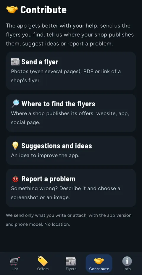 Contribute tab with four options: Send a flyer, Where to find the flyers, Suggestions and ideas, Report a problem
