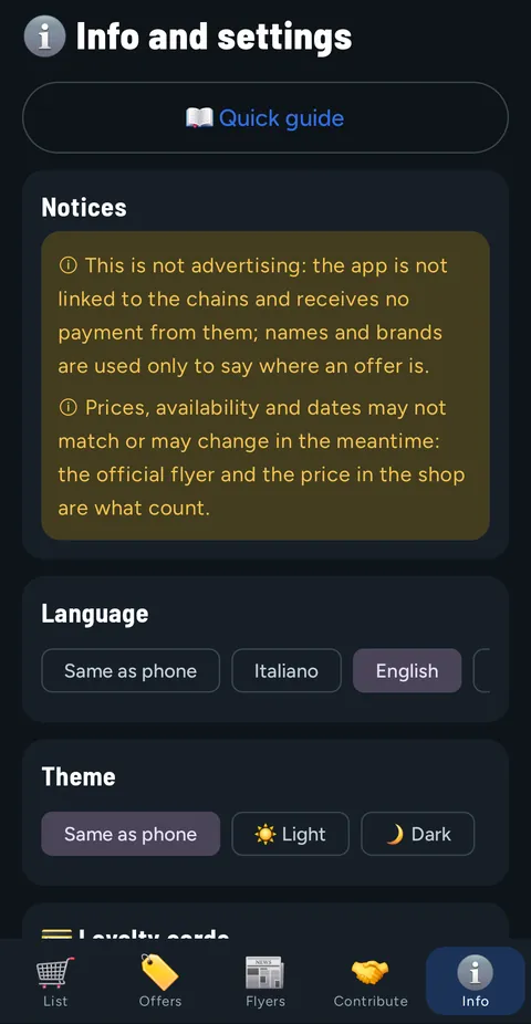 Info and settings tab: Quick guide button, the two notices, language and theme