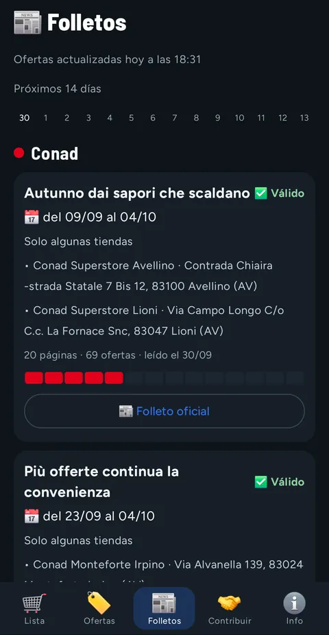 Pestaña Folletos: folleto de Conad válido del 09/09 al 04/10, solo algunas tiendas, 20 páginas y 69 ofertas, barra de los próximos 14 días y botón Folleto oficial