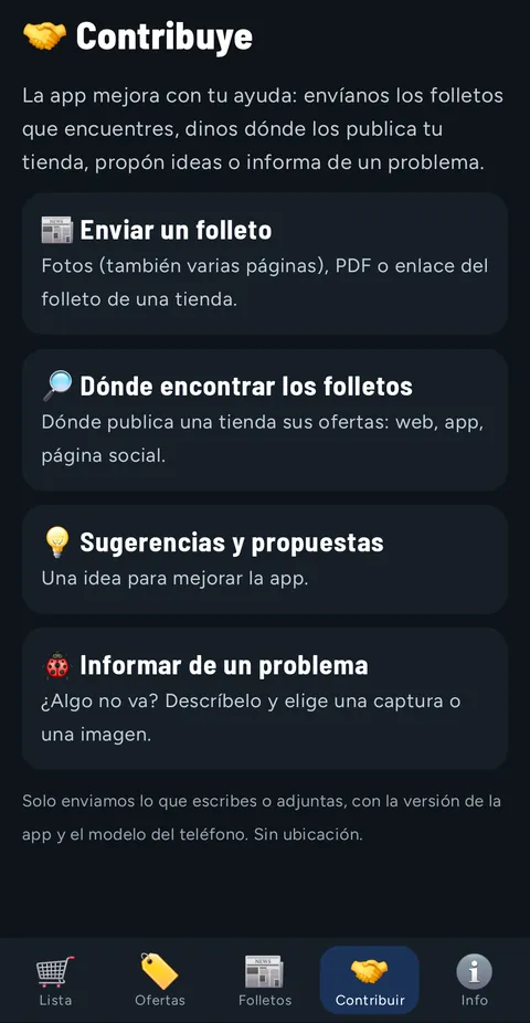Pestaña Contribuir con cuatro opciones: Enviar un folleto, Dónde encontrar los folletos, Sugerencias y propuestas, Informar de un problema