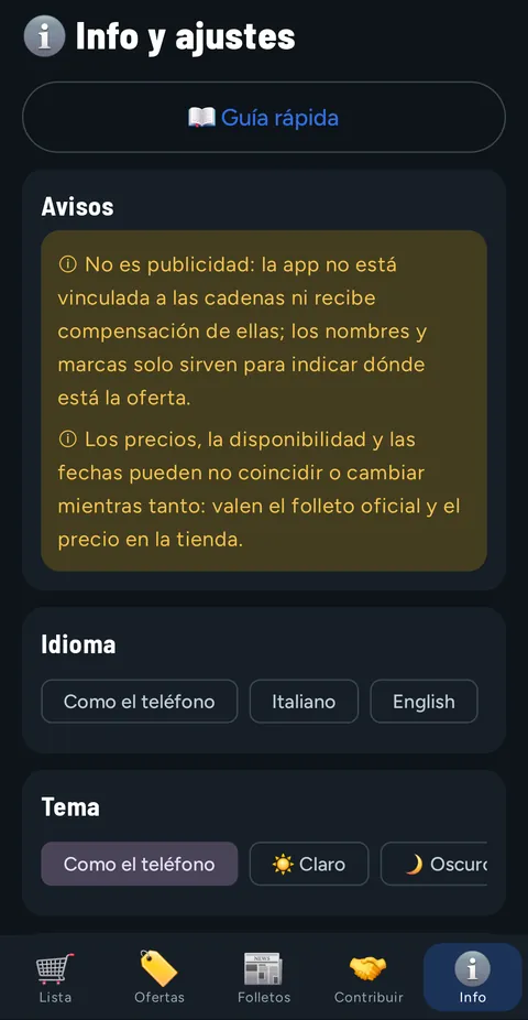 Pestaña Info y ajustes: botón Guía rápida, los dos avisos, el idioma y el tema