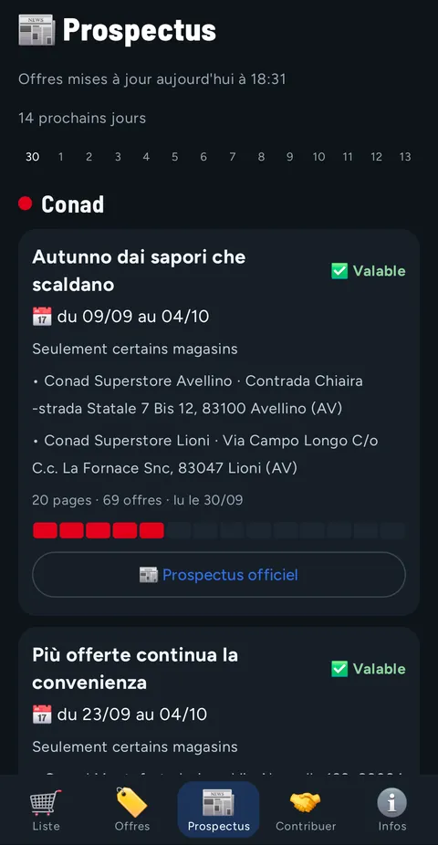 Onglet Prospectus : prospectus Conad valable du 09/09 au 04/10, seulement certains magasins, 20 pages et 69 offres, barre des 14 prochains jours et bouton Prospectus officiel