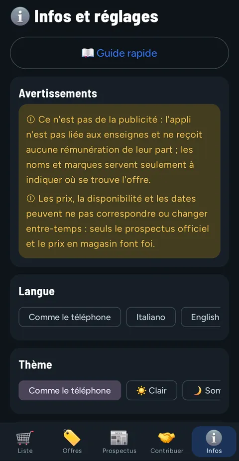Onglet Infos et réglages : bouton Guide rapide, les deux avertissements, la langue et le thème