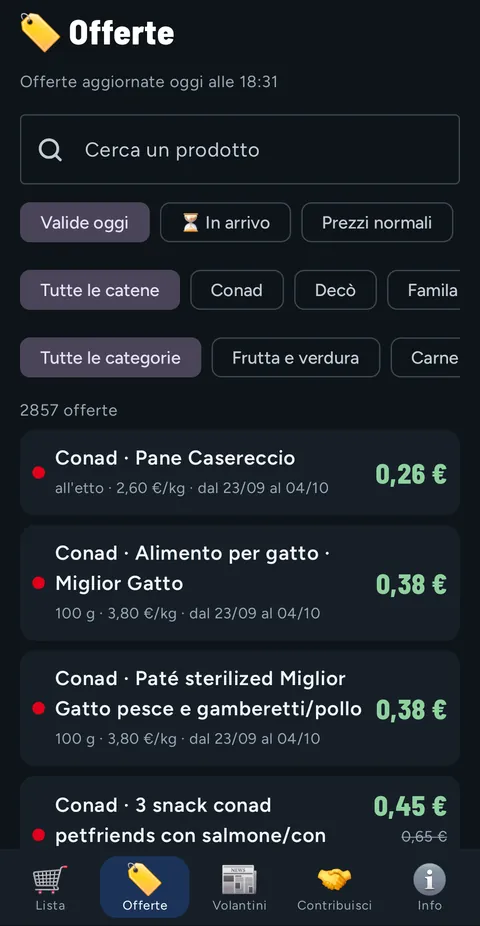 Scheda Offerte: ricerca, filtri Valide oggi, In arrivo e Prezzi normali, filtri per catena e categoria, 2857 offerte