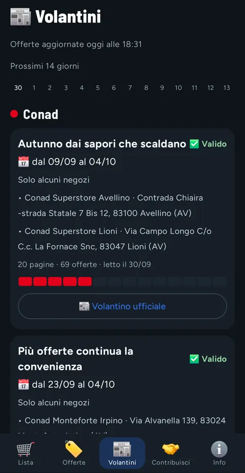 Scheda Volantini: volantino Conad valido dal 09/09 al 04/10, solo alcuni negozi, 20 pagine e 69 offerte, barra dei prossimi 14 giorni e pulsante Volantino ufficiale