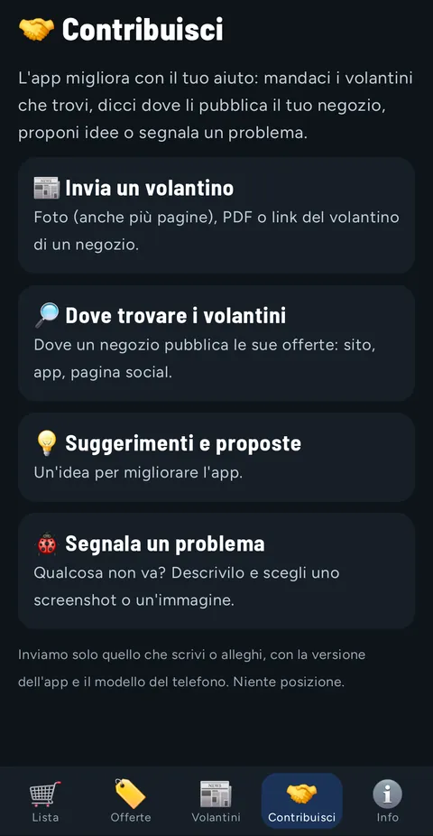 Scheda Contribuisci con quattro voci: Invia un volantino, Dove trovare i volantini, Suggerimenti e proposte, Segnala un problema