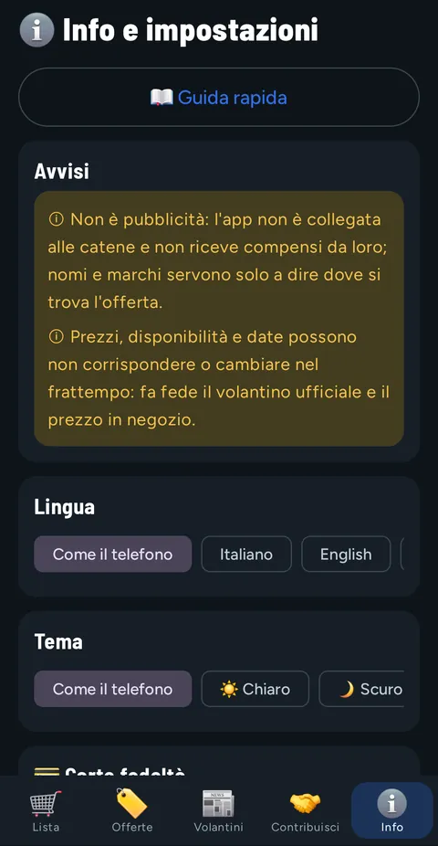 Scheda Info e impostazioni: pulsante Guida rapida, i due avvisi, la lingua e il tema