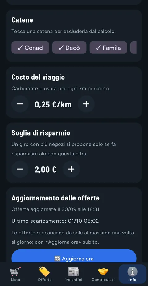 Info: aktive Ketten, Fahrtkosten 0,25 Euro pro km, Schwelle 2 Euro und Aktualisierung der Angebote mit Letzter Download und Jetzt aktualisieren