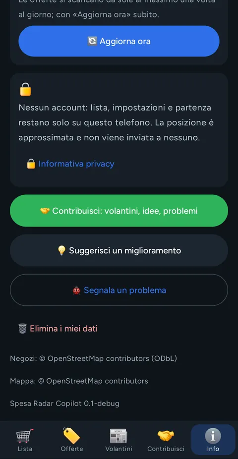 Unteres Ende des Tabs Info: Datenschutzhinweis mit Datenschutzerklärung, Mitmachen, Verbesserung vorschlagen, Problem melden, Meine Daten löschen und die Quellenangaben