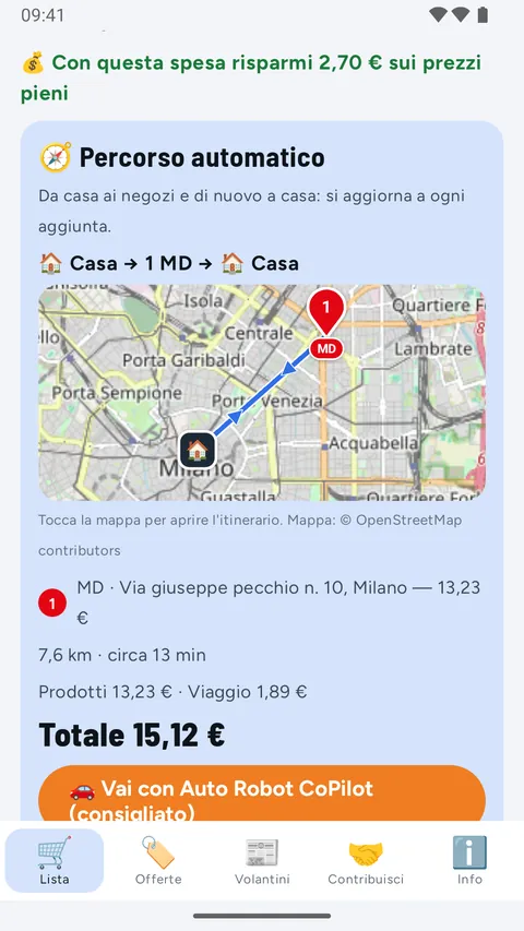Mit diesem Einkauf sparst du 2,70 Euro gegenüber dem Normalpreis; automatische Route Zuhause, 1 MD, Zuhause auf der Karte von Mailand: 7,6 km, etwa 13 Minuten, Produkte 13,23 Euro, Fahrt 1,89, gesamt 15,12; darunter der orange Knopf Mit Auto Robot CoPilot fahren