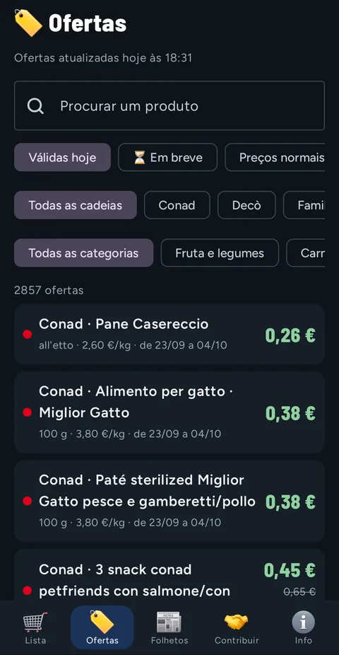 Separador Ofertas: pesquisa, filtros Válidas hoje, Em breve e Preços normais, filtros por cadeia e categoria, 2857 ofertas