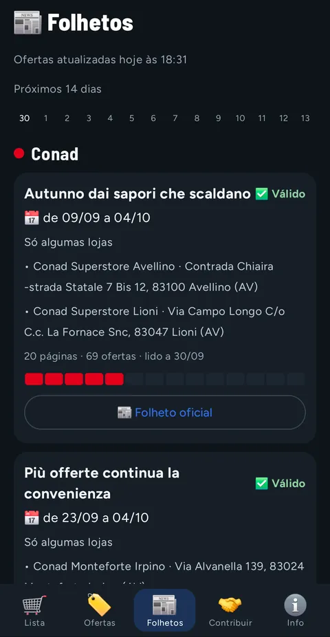 Separador Folhetos: folheto do Conad válido de 09/09 a 04/10, só algumas lojas, 20 páginas e 69 ofertas, barra dos próximos 14 dias e botão Folheto oficial