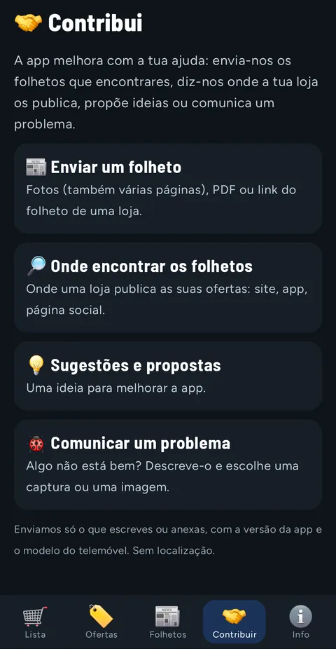 Separador Contribuir com quatro opções: Enviar um folheto, Onde encontrar os folhetos, Sugestões e propostas, Comunicar um problema