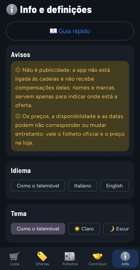 Separador Info e definições: botão Guia rápido, os dois avisos, o idioma e o tema